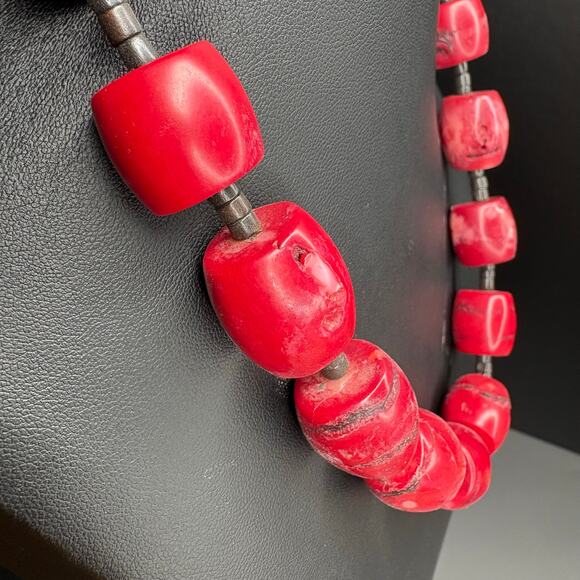 Rare Chinese Red Coral Necklace Chunky Coral Necklace 16" - Picture 3 of 4